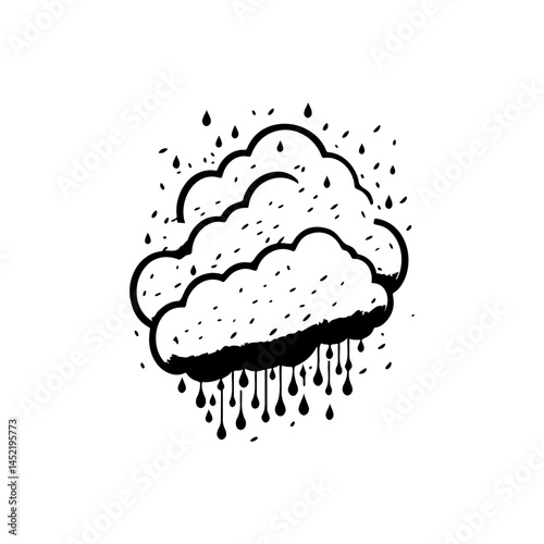 Stylized weather illustration featuring cumulus clouds releasing rain droplets