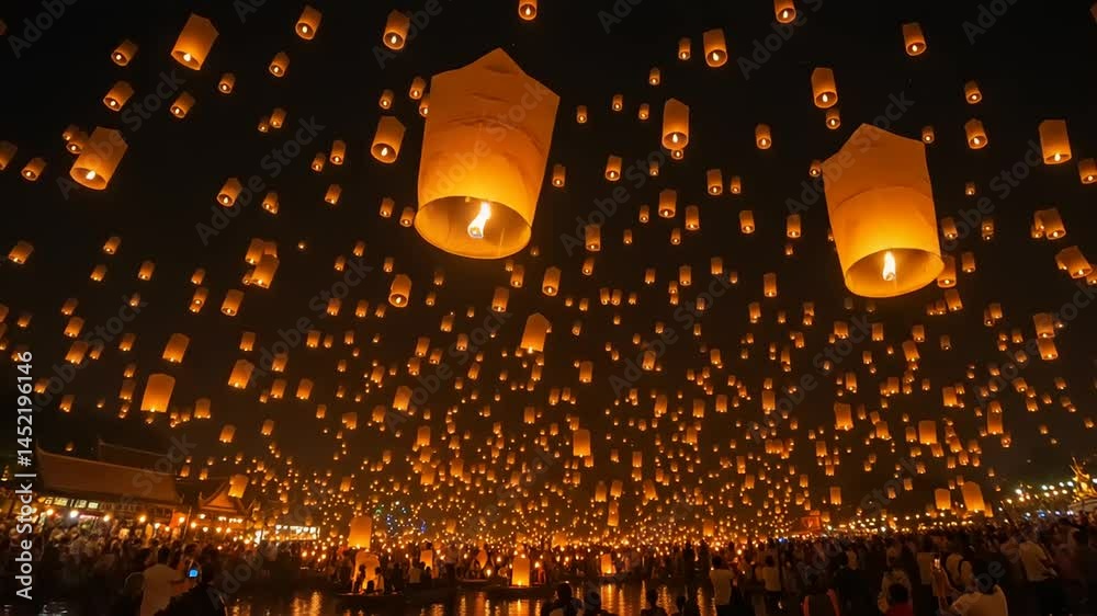 Dark sky filled floating lanterns night Flying Sky lanterns Chinese new year greetings Background. glowing stars flying chinese lucky lanterns. For festival invitation