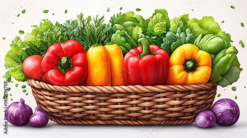 A vibrant basket filled with fresh vegetables, showcasing peppers, onions, and greens
