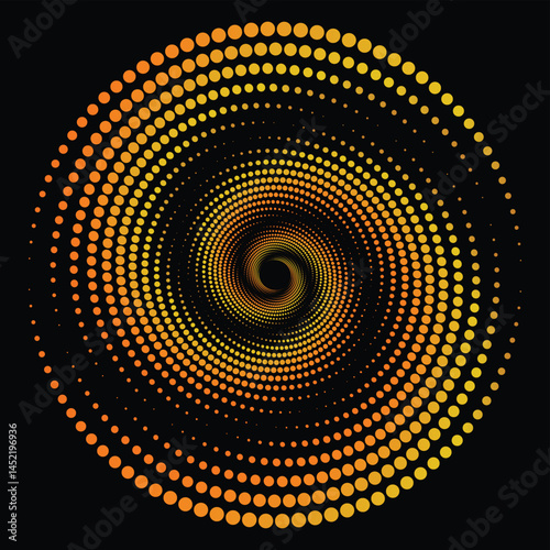 Dotted Halftone Vector Spiral Pattern or Texture, Orange dotted spiral vortex on a black background