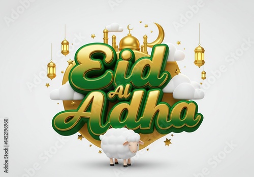 Eid al-Adha celebration background with sheep, mosque, and lanterns, perfect for Islamic holiday designs and greetings.
