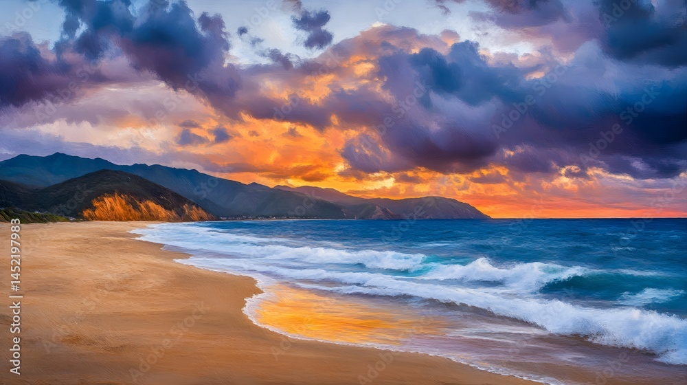 Fototapeta premium Dramatic Sunset over Ocean Beach and Mountains