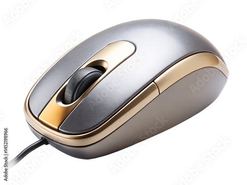 Close up of a silver and gold computer mouse with black backdrop