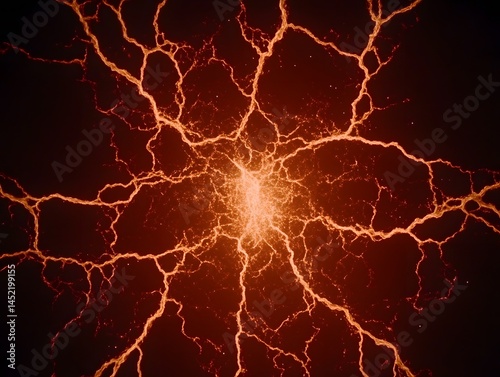 Abstract fiery orange and red energy explosion radiating outwards like lightning branching fractal network design photo