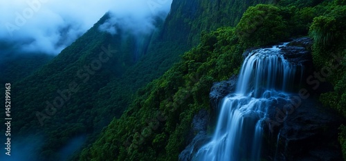 Lush green mountain waterfall shrouded in mystic clouds and serene atmosphere
