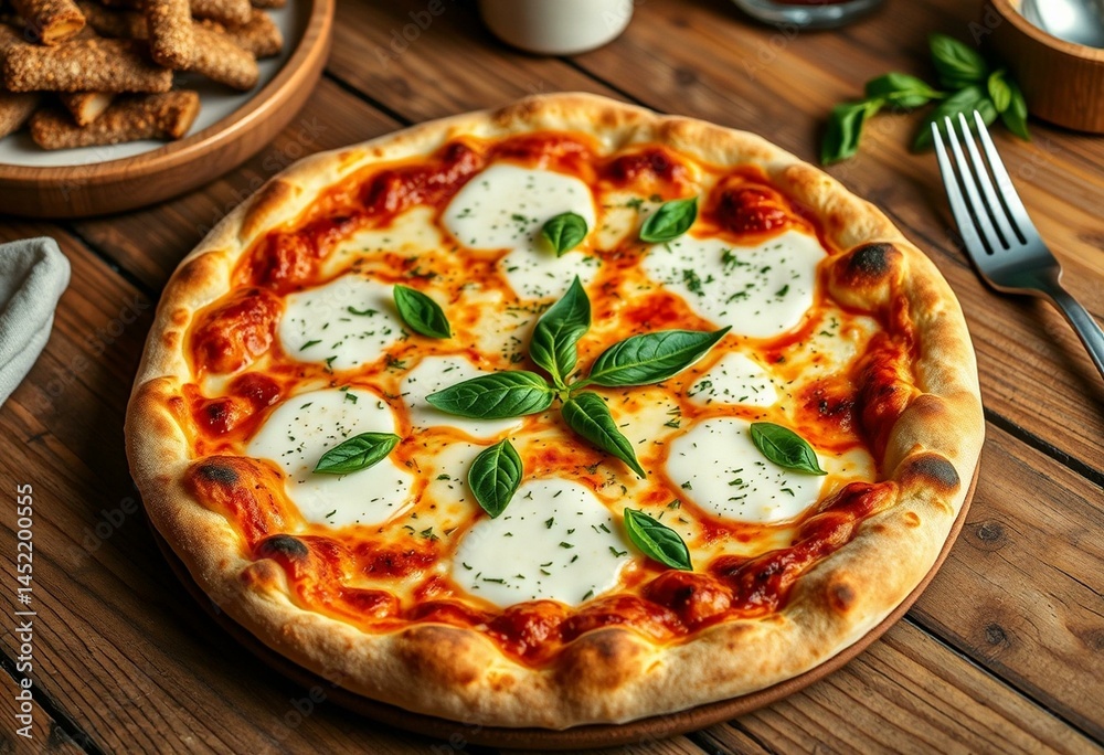 A warm and inviting image of a Quattro Formaggi pizza on a rustic wooden table A warm and inviting image of a Quattro Formaggi pizza on a rustic wooden table