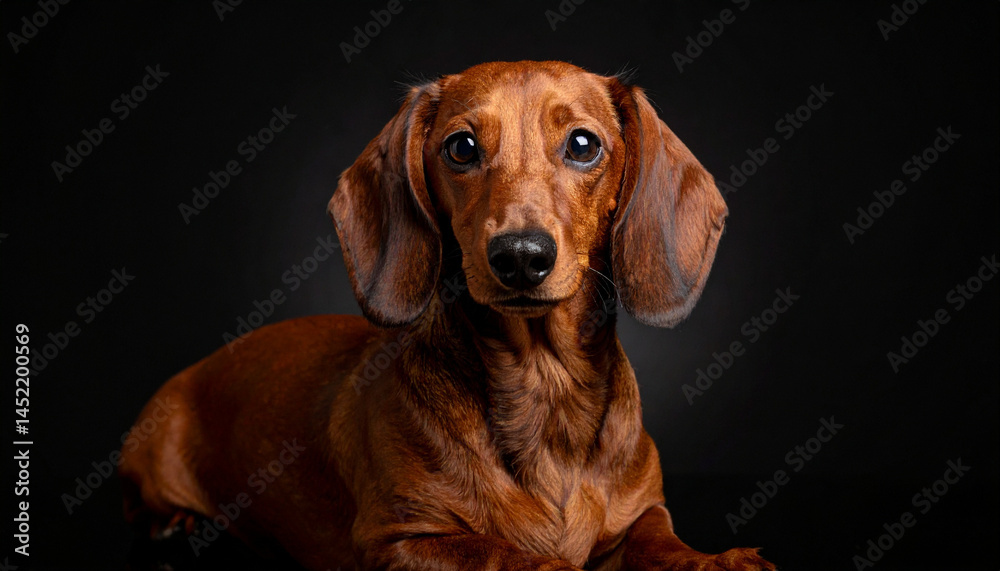 Curious dachshund poses on a dark background, showcasing its expressive eyes and shiny coat under soft lighting in a studio setting Curious dachshund poses on a dark background, showcasing its expressive eyes and shiny coat under soft lighting in a studio setting