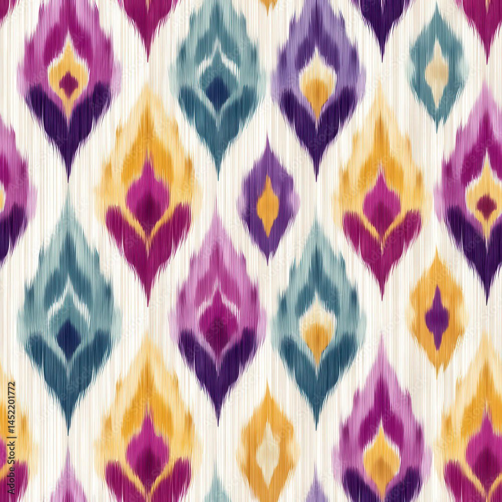Vibrant seamless pattern featuring colorful geometric shapes in purple, yellow, and teal on white background