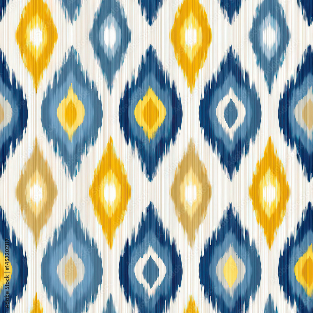 Seamless ikat pattern with blue and yellow diamond shapes creating vibrant textile design
