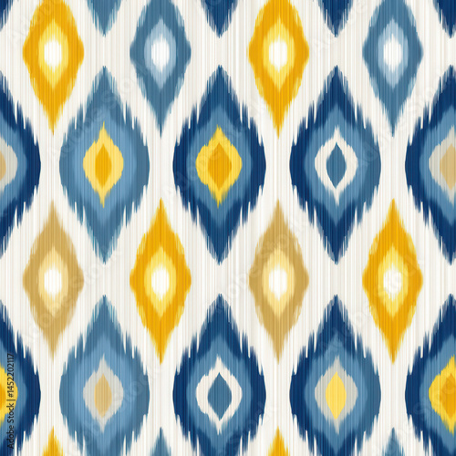 Obraz na płótnie Seamless ikat pattern with blue and yellow diamond shapes creating vibrant textile design w salonie