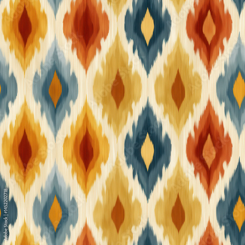 Obraz na płótnie Seamless pattern featuring vibrant ikat design with warm tones of orange, blue, and gold creating dynamic and traditional look w salonie