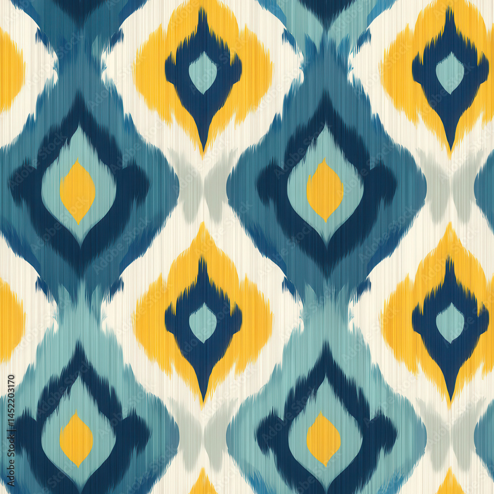 This seamless pattern features vibrant ikat design with blue, yellow, and white hues creating dynamic and eye catching effect