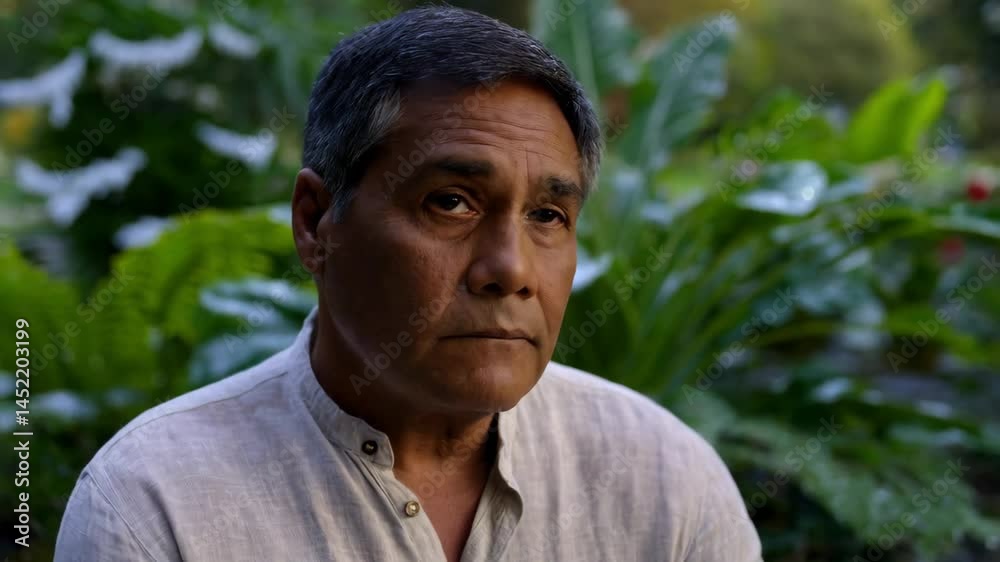 A South Asian man in light gray attire sits in a tranquil garden, deep in thought amid lush green plants A South Asian man in light gray attire sits in a tranquil garden, deep in thought amid lush green plants