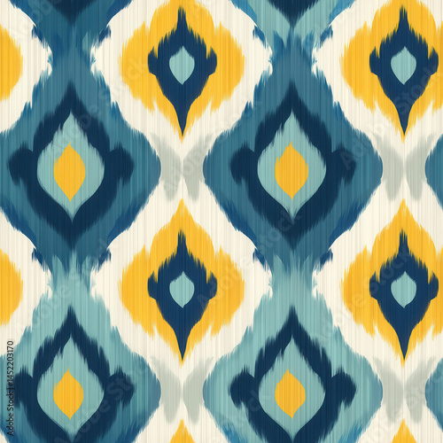 Obraz na płótnie This seamless pattern features vibrant ikat design with blue, yellow, and white hues creating dynamic and eye catching effect w salonie