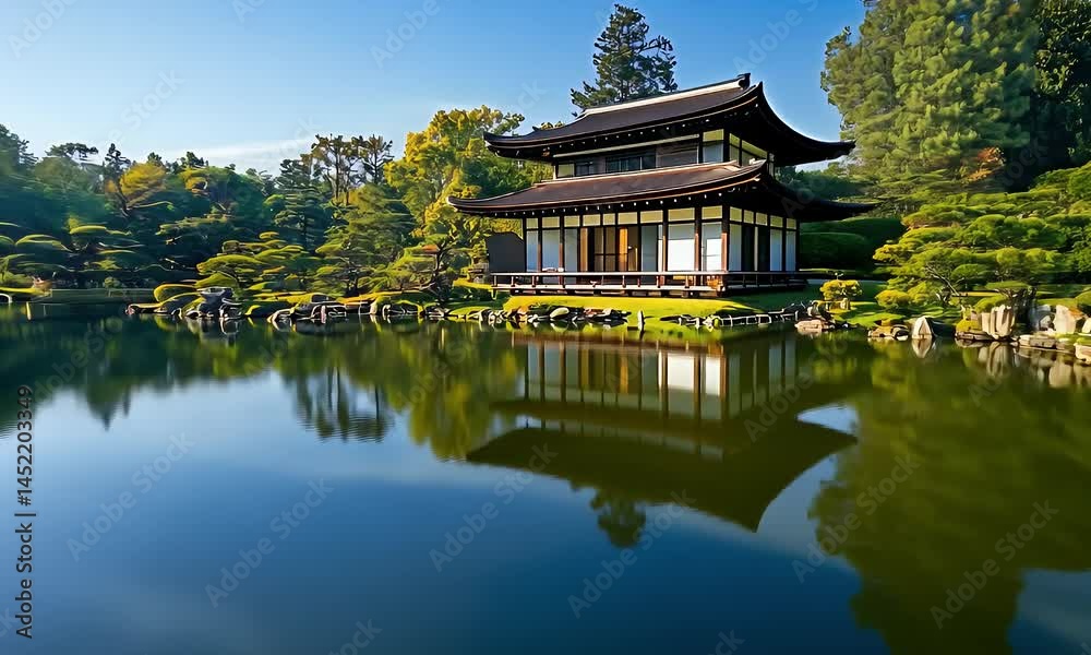 Japanese Garden Pavilion Reflected in Calm Pond Japanese Garden Pavilion Reflected in Calm Pond