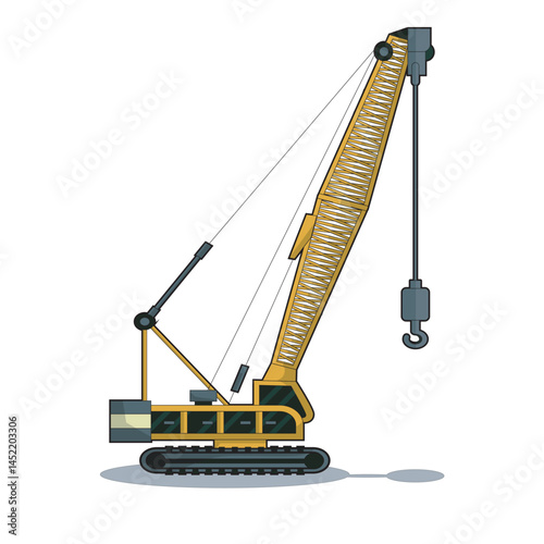 Detailed vector illustration of a crawler crane with a hook, used for heavy lifting in construction and industrial projects. Ideal for engineering, machinery, and building visuals.