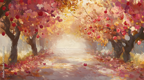 Dreamy orchard pathway with ripe fruits in autumn colors in painting style