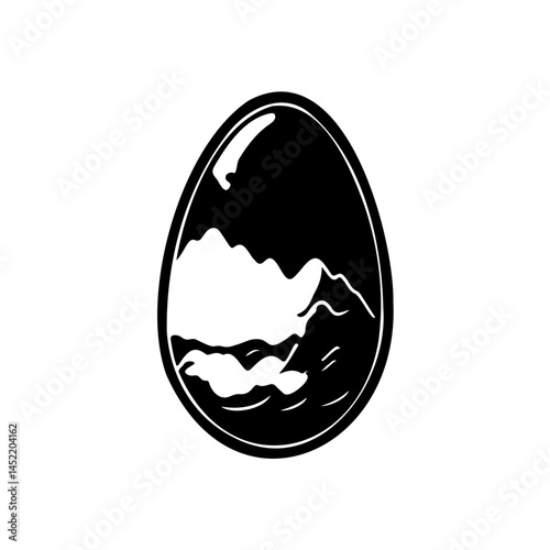 Abstract mountain landscape nested within an oval shape rendered in black