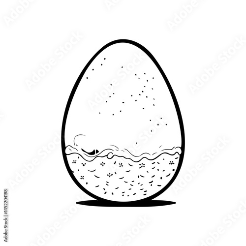 Minimalist depiction of an egg containing a nascent watery world landscape