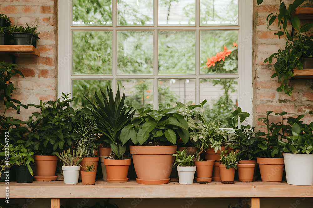 A serene indoor garden featuring potted plants arranged on a wooden shelf against a backdrop of a brick wall and a multi-paned window offering a glimpse of greenery. A serene indoor garden featuring potted plants arranged on a wooden shelf against a backdrop of a brick wall and a multi-paned window offering a glimpse of greenery.