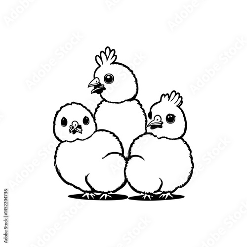 Whimsical line art illustration of three adorable fluffy chicks standing together