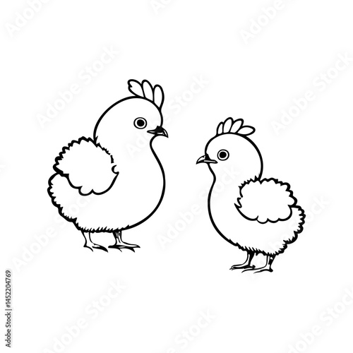 Two adorable chicks in a delightful black and white illustration style