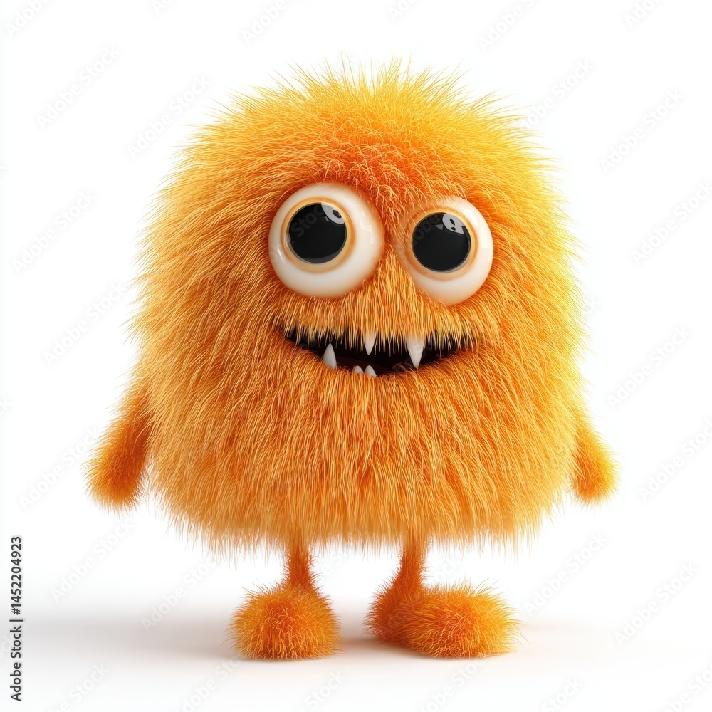 Fototapeta premium Fluffy orange monster with spiral eyes and one big foot illustration creature cartoon.