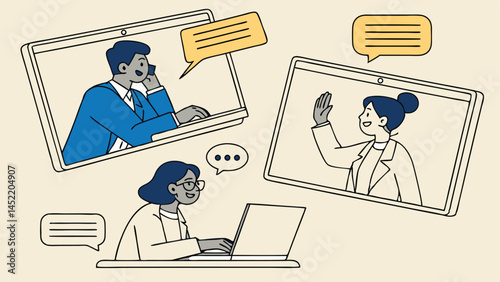 Online meeting, conference video to discuss work, team meeting or brainstorm for new idea, collaboration, teamwork or cooperation concept, businessman and businesswoman join meeting from computer.