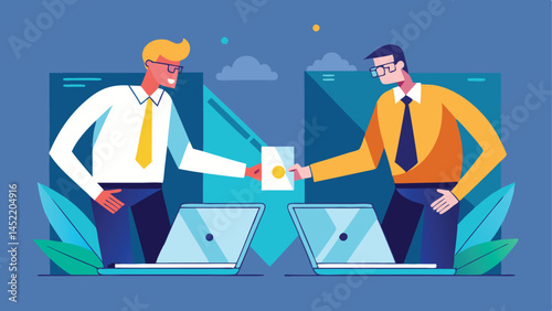 Outsourcing hiring outside worker to perform service, pass or transfer work to other team, remote work or telework concept, businessman boss pass or relay baton to outsource team to work remotely.