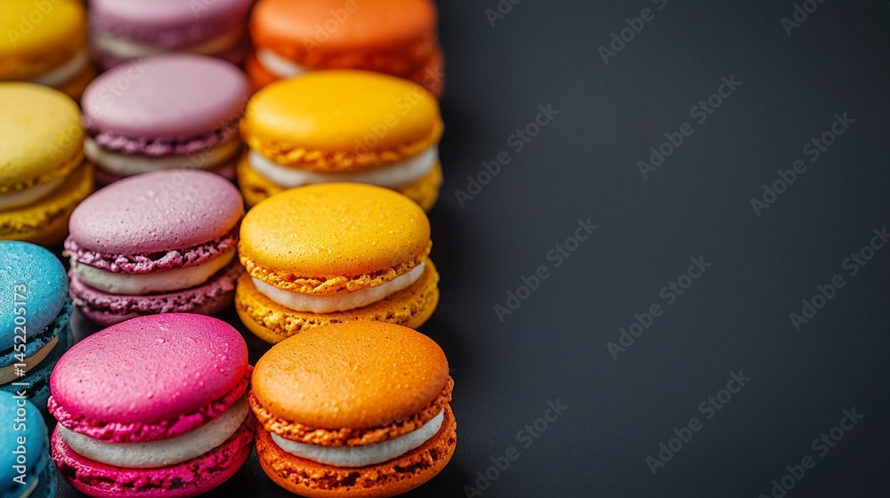 Fototapeta premium Colorful macarons arranged in a delightful line on a dark background.