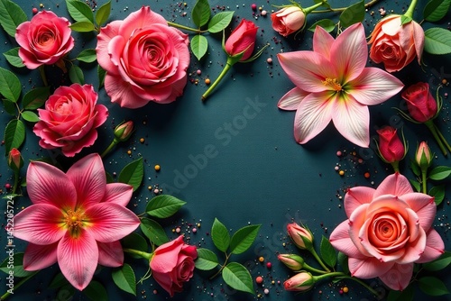 Intricate blooming roses & lilies, lush green leaves, woven threads , woven, photography