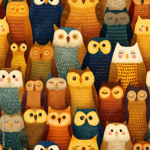 Seamless pattern of colorful owls with various expressions creates lively and whimsical design