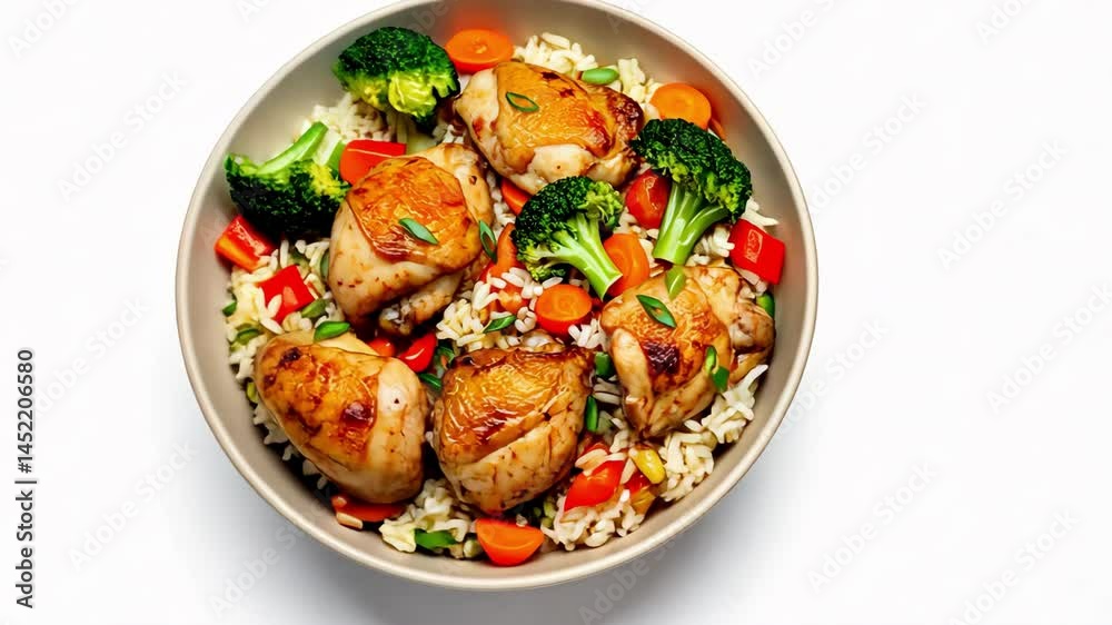 Bowl with chicken, rice, and vegetables Bowl with chicken, rice, and vegetables