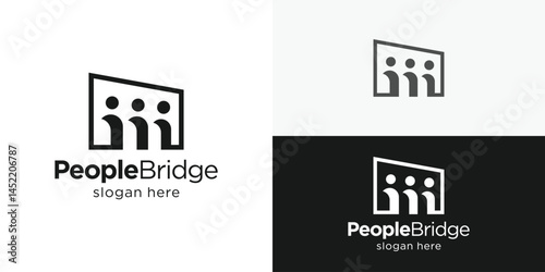 Creative simple people bridge logo template. Bridge people family together symbol, human unity icon, people connect logo design vector illustration.