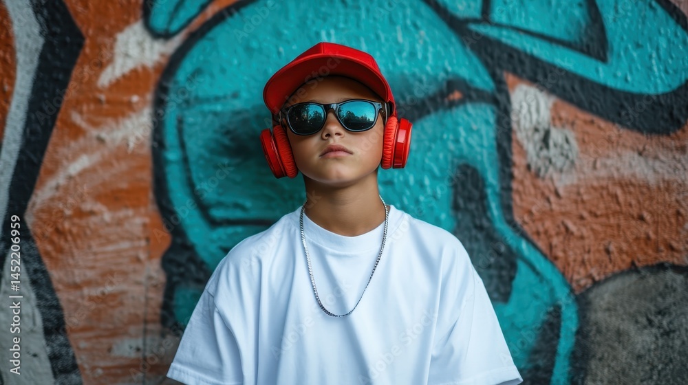 Fototapeta premium A cool young boy wearing sunglasses and headphones stands confidently against a vibrant graffiti background, embodying modern urban youth culture and self-expression.