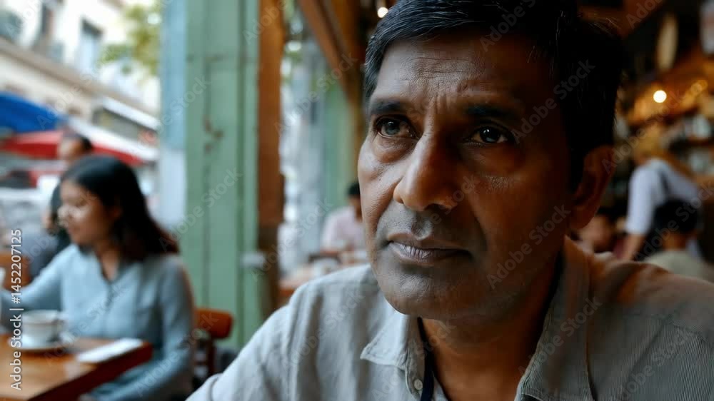 A South Asian man with a contemplative expression sits in a bustling cafe, observing the lively atmosphere while sipping coffee A South Asian man with a contemplative expression sits in a bustling cafe, observing the lively atmosphere while sipping coffee