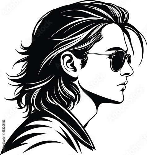Elegant Side Profile, Detailed Black & White Line Art Illustration, handsome boy silhouette