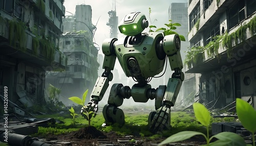Robot Planting Trees in an Abandoned City Where Nature Begins to Revive