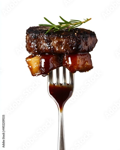 Close-up of a fork with a grilled beef steak, isolated on a white background