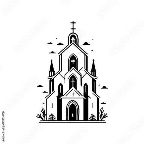 Elegant monochrome church facade illustration against a crisp white backdrop