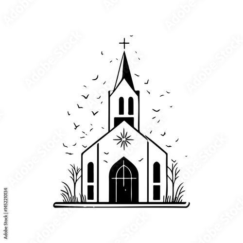 Elegant monochrome illustration of a church with birds and nature elements around