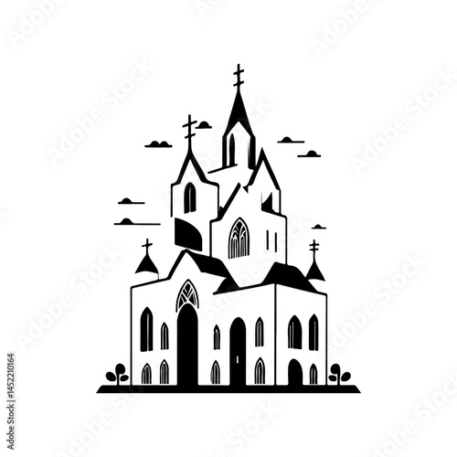 Majestic gothic church silhouette illustration against bright white backdrop
