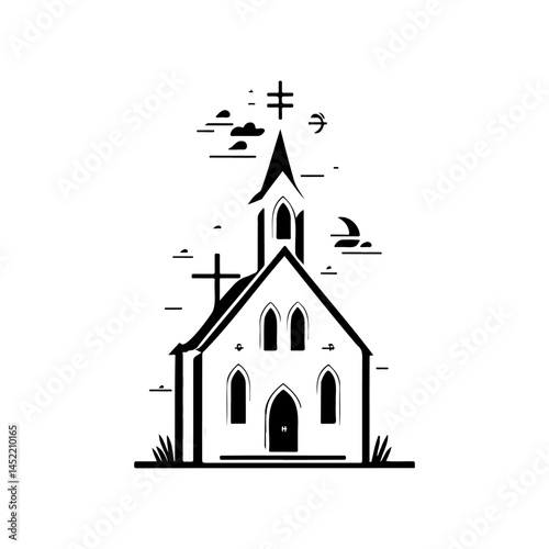 Minimalist depiction of a church with geometric stylization in black and white
