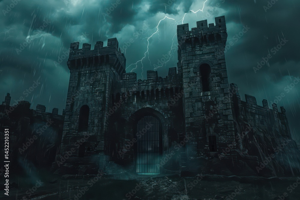 Fototapeta premium Moody castle fortress stormy sky background