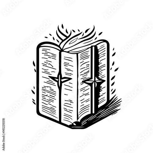 Monochrome illustration of an open book adorned with floral flourishes