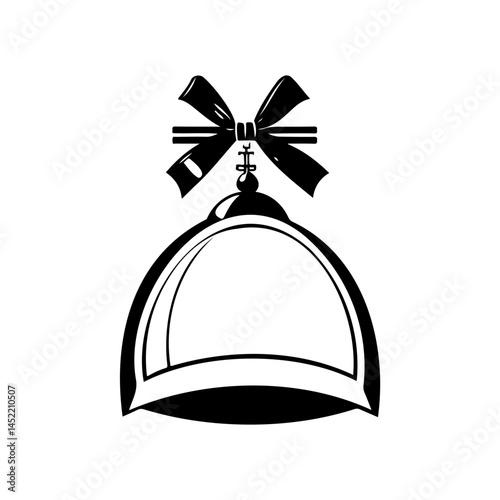 Monochrome graphic illustration of a festive bell ornamented with a decorative bow