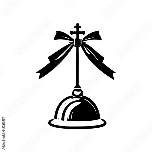 Symbolic representation featuring a bell, cross, and bow, evoking reverence and solemnity