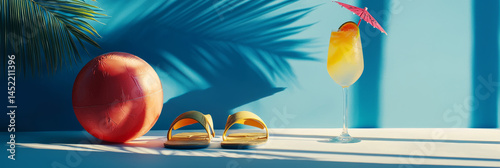 Summer Beach Vibes with Tropical Drinks and Beach Accessories