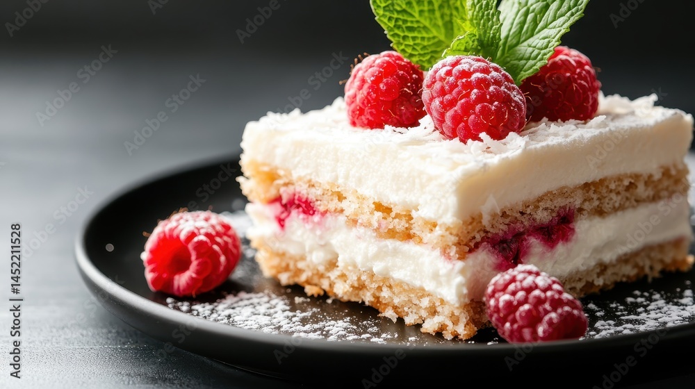 This image showcases a beautifully layered raspberry cream cake adorned with fresh raspberries and mint leaves, perfect for dessert lovers and special occasions. This image showcases a beautifully layered raspberry cream cake adorned with fresh raspberries and mint leaves, perfect for dessert lovers and special occasions.