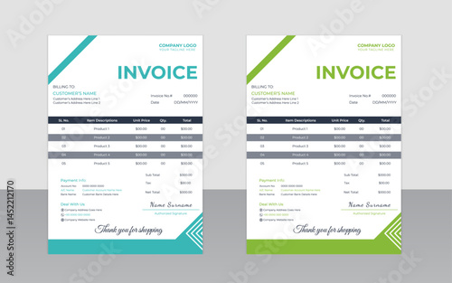 Modern business invoice design with color accents and bold layout